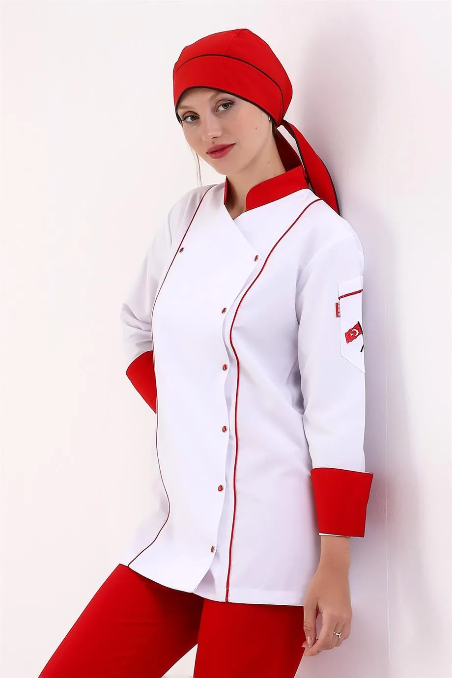 Kadın Aşçı Ceket 01 - Beyaz-Kırmızı Biye