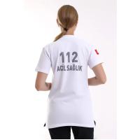 112 Yakalı Unisex Tshirt Kısa Kol - Beyaz